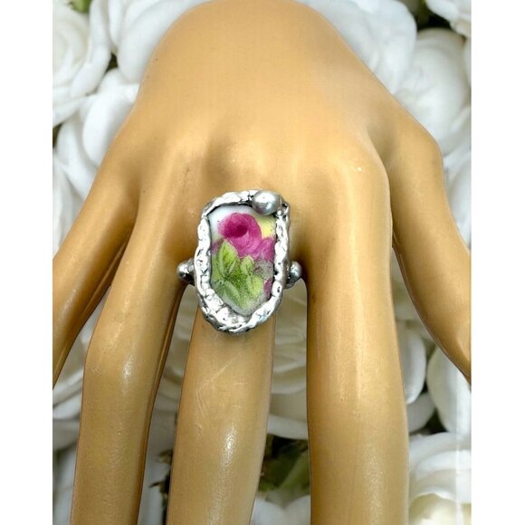 Antique Rose Ring Made From Fine Bone Broken China Encased in Silver Blend Metal - Picture 1 of 15